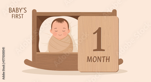 Adorable Newborn Celebrating First Month Milestone In Cozy Wooden Crib