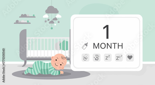 Adorable One Month Old Milestone Celebration Illustration In Nursery