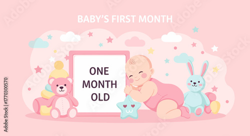 Baby Girl First Month Celebration with Stuffed Animals Card