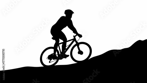 Man cycling uphill in silhouette, conquering trails with skill and determination in natural landscape