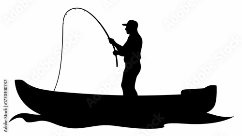 Fisherman silhouette in boat fishing with rod, casting out on calm waters, perfect for outdoor adventure