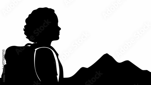 Silhouette of a woman hiker with backpack enjoying mountain views, adventure and freedom in nature