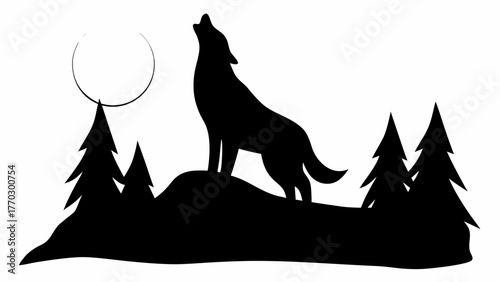 Dramatic howling wolf silhouette under moonlit sky with evergreen trees for nature designs