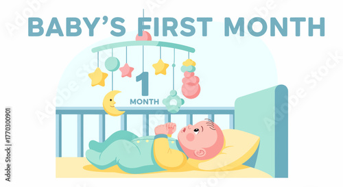 Illustration Of A Newborn Child Reaching For Crib Mobile