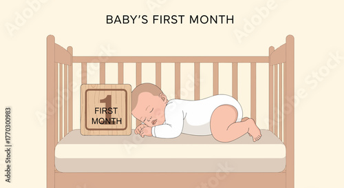 Newborn First Month Sleeping Peacefully In Crib Illustration