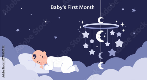 Newborn Sleeping Peacefully Under Starry Mobile Illustration