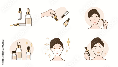 Illustrations depicting a skincare routine with serum bottles and a woman applying product to her face