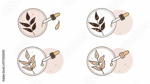 Four illustrations showing petri dishes with leaves and a dropper with liquid for scientific analysis