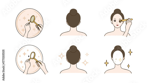 Illustration showing a woman performing a beauty routine with magnifying glass and facial roller tools