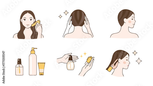 Illustrations depicting a woman using hair care products and showing different hairstyles and product types