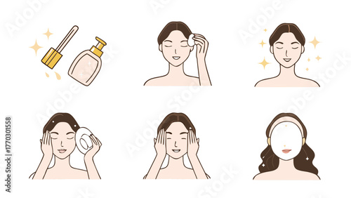 Illustrations showing a woman performing a skincare routine with various products and applications steps