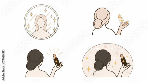 Four illustrations depicting a woman's beauty routine with serum application and mirror reflection