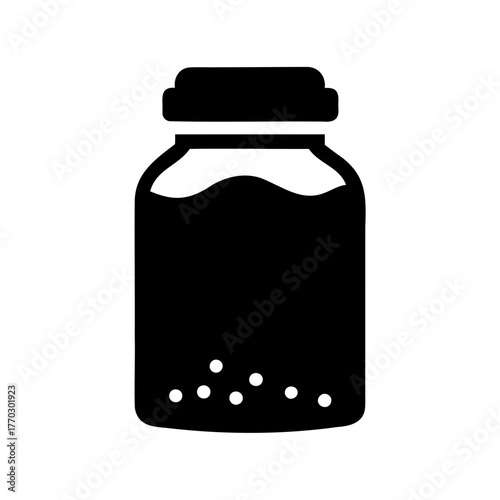 Illustration of a bottle with liquid and solid objects, black and white