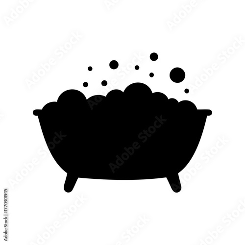 Black silhouette of a bathtub full of bubbles on white background
