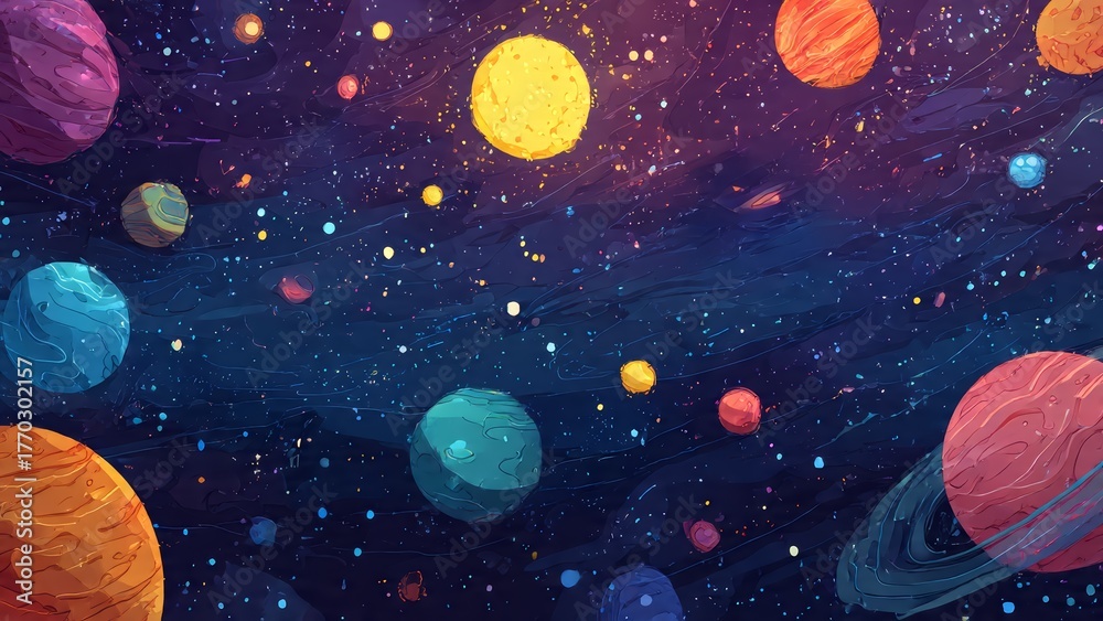 Fototapeta premium Colorful planets and stars in a stylized cosmic expanse space cosmos universe