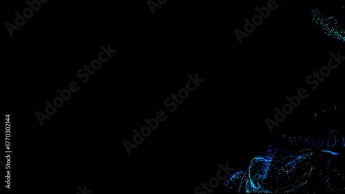 Digital particle dot form motion and movement dissolve in the depth of the field, abstract technology, and on a black background