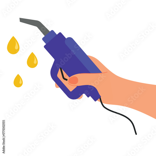 Hand holding a gasoline pump nozzle on a white background.