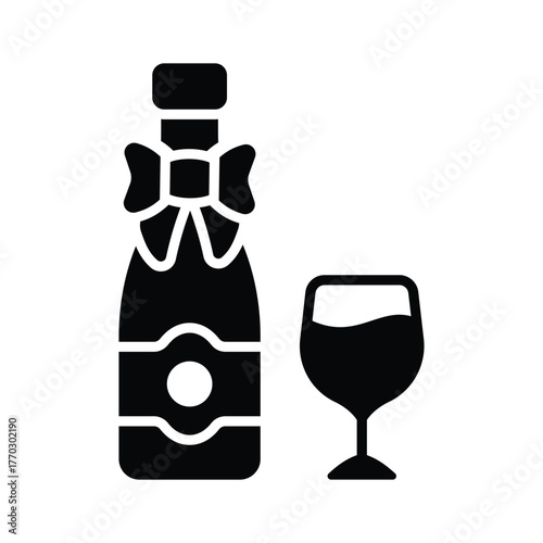 Festive wine bottle with glass for holiday toast, modern glyph icon