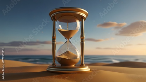 Sand clock sitting on top of sandy beach next to the ocean.