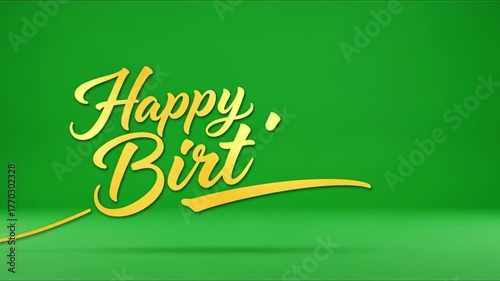 Happy Birthday Greeting Card Design with Elegant Yellow Calligraphy on a Green Background