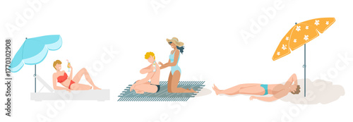 Several sunbathers enjoying a serene beach day under umbrellas, with some applying sunscreen, epitomizing relaxation and leisure in a coastal setting.