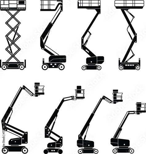Silhouette of aerial work platforms, boom lift, scissor lift, mast lift, construction equipment, industrial machinery, black and white illustration, maintenance access tools