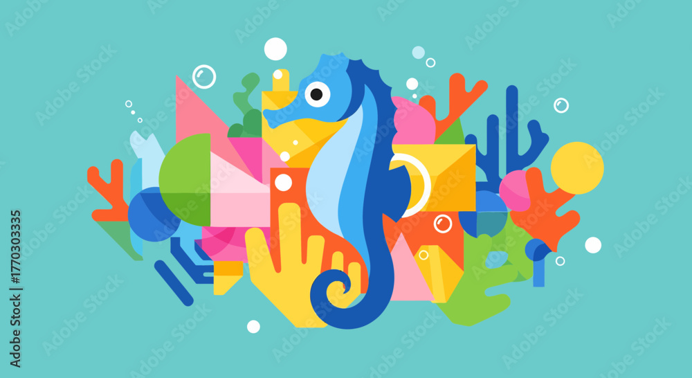 Fototapeta premium Geometric Seahorse Illustration With Vibrant Undersea Elements On Teal