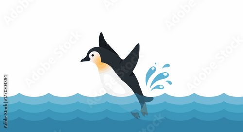 Happy Penguin Leaping From Ocean Water Illustration Graphic