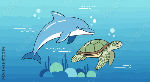 Friendly Dolphin And Sea Turtle Swimming In Blue Ocean