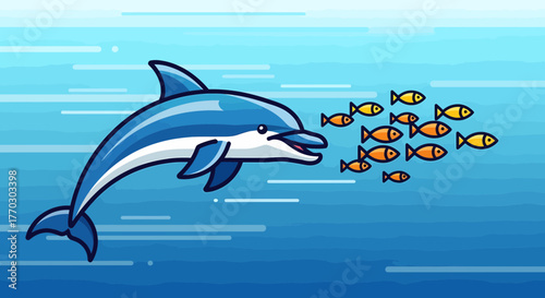 Happy Dolphin Swimming With School Of Fish In The Ocean