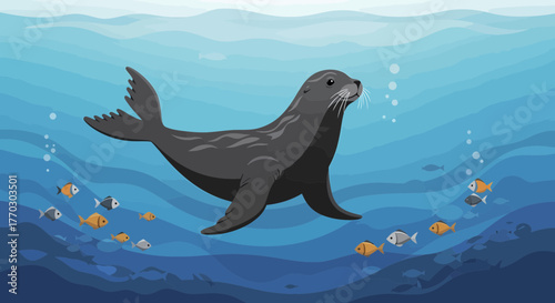 Sea Lion Swimming Underwater With Fishes, Cartoon Style Illustration