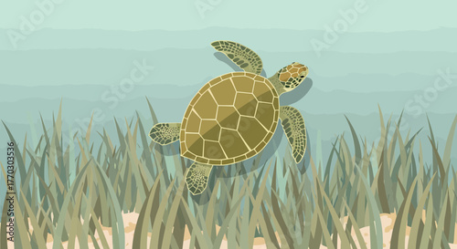 Sea Turtle Gliding Gracefully Through Submerged Grass Illustration