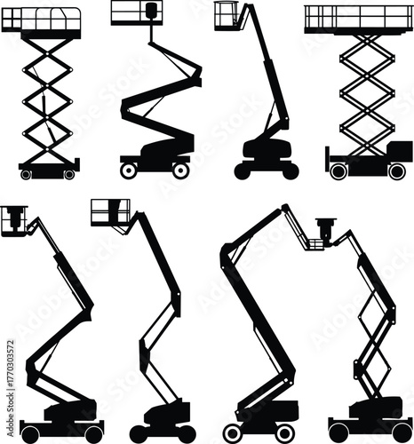 Silhouette of aerial work platforms, scissor lift, boom lift, telescopic lift, construction equipment, industrial machinery, black and white illustration, maintenance access tools