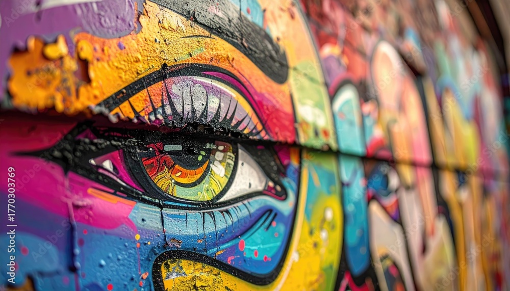 Naklejka premium Vibrant Graffiti Eye Mural on Weathered Wall