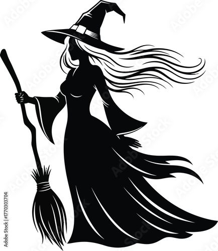 A witch with a broom isolated on white background