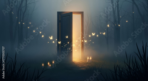 Open door in foggy forest glowing with golden light and flying butterflies