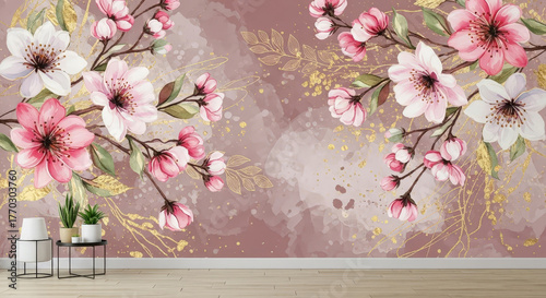 Elegant floral wall mural with pink blossoms and gold details on watercolor background wallpaper banner