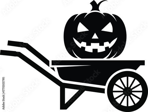 Illustration of a wheelbarrow carrying a spooky pumpkin isolated on white background