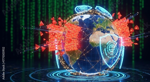 Fototapeta Naklejka Na Ścianę i Meble -  Global Digital Security Network Protecting Earth from Cyber Threats and Data Breaches