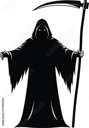Illustration of grim reaper with a scythe isolated on white background, a symbol of death