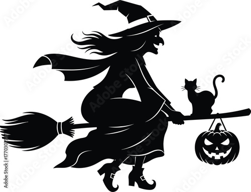 Illustration of a witch flying on a broom with a cat and pumpkin isolated on white background