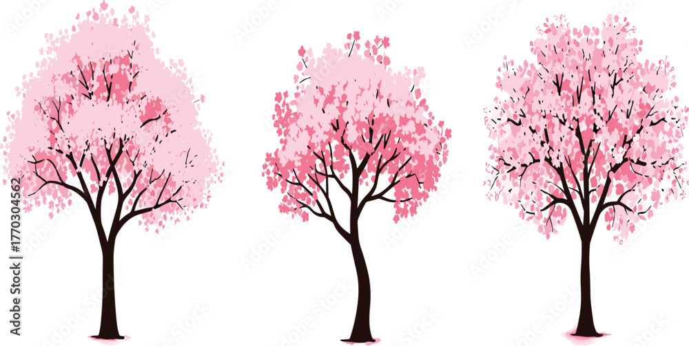 Fototapeta premium Beautiful pink cherry blossom tree vector illustration set, spring season floral design with blooming petals and elegant nature artwork