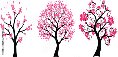 Beautiful pink blossom tree vector set with floral design, spring season illustration, blooming nature art for decoration and print