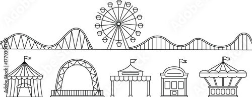 Silhouette of amusement park, roller coaster, Ferris wheel, circus tent, ticket booth, carousel ride, black and white illustration, festive structures, entertainment zone