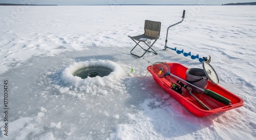 Ice fishing setup with a chair and red sled by a hole in the ice  