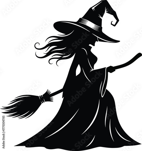 Illustration of silhouette of a witch flying on a broom isolated on white background