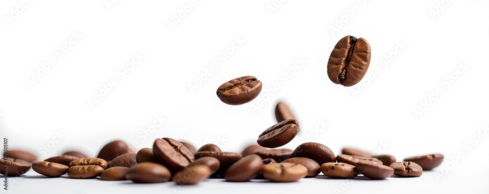 Naklejka premium Roasted coffee beans levitate, isolated on white , close-up, dark, caffeine