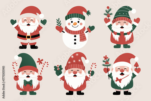 Whimsical Santa, Snowman & Gnome Vector Character Set | Cute Santa Claus Christmas Set