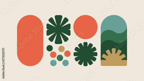 Abstract geometric shapes in earthy tones including circles and floral patterns on a light background