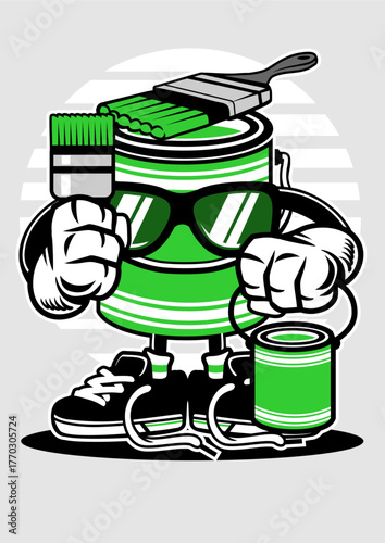 An intriguing illustration of a paint can embodying an artistic personality, complete with sunglasses and tools, representing creativity and self-expression in a fun and vibrant way.